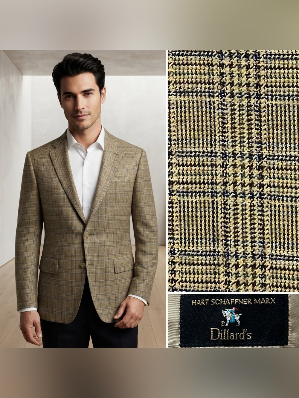Hart Schaffner Marx Men's 46R Beige Houndstooth Glen Plaid Wool Blazer Jacket